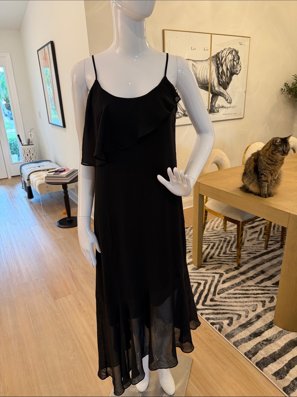 Xhilaration Black Maxi Asymmetrical Slip Dress with Ruffle Detail